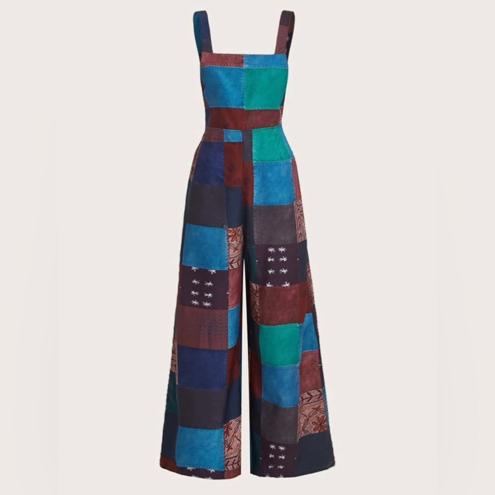 Patchwork Print Wide Leg Overalls